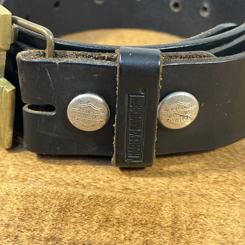 Vintage‎ Harley Davidson Black Belt & Brass Belt Buckle Size 42 Genuine Leather